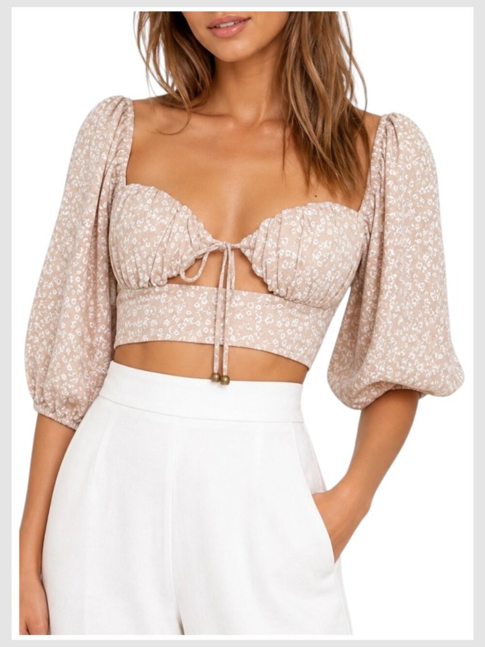 Petal + Pup Tie Front Crop Top Beige Floral Smocked S